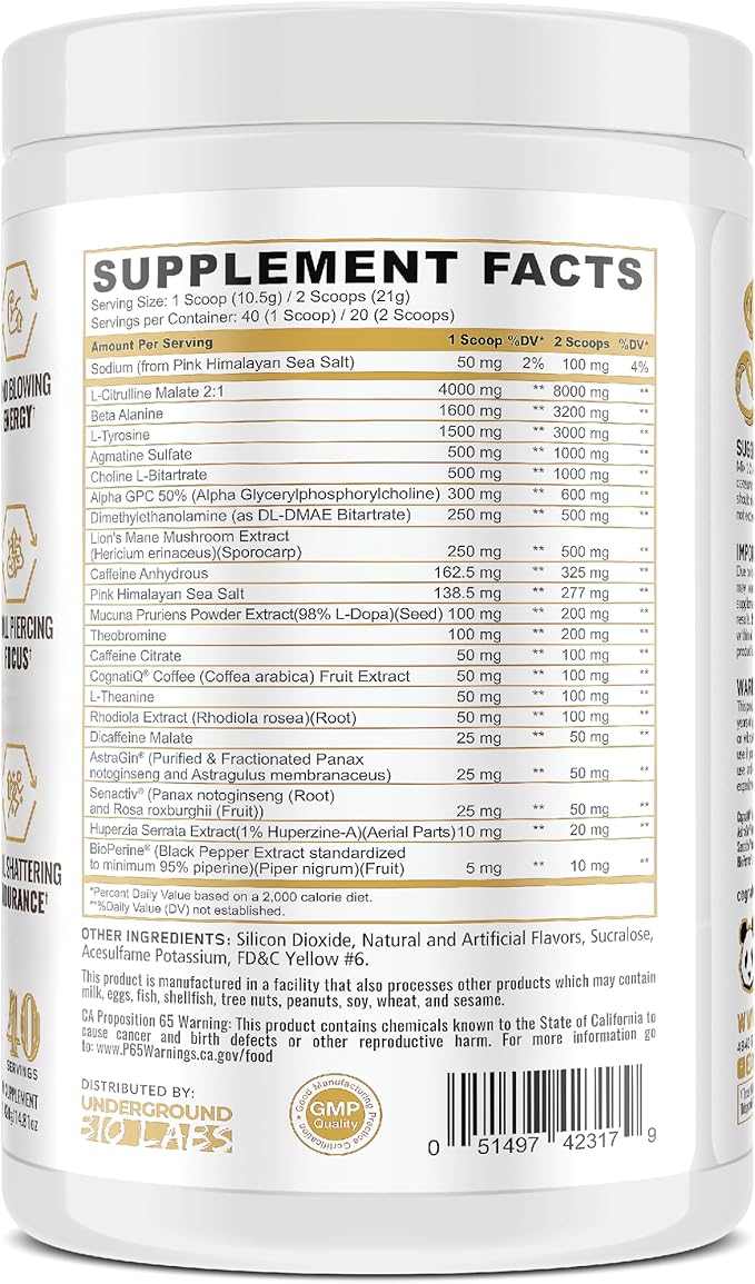 Underground Bio Labs/Panda Supps Skull Nootropic Pre-Workout, 403mg Caffeine for Tunnel Vision Focus,Pump, Unparalled Energy (40 Scoops) (Lemon Blueberry Pineapple)(Insane in The Membrane)
