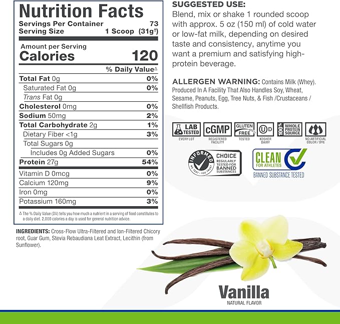 ALLMAX Nutrition ISONATURAL Whey Protein Isolate, Vanilla - 5 lb - 27 Grams of Protein Per Scoop - Zero Fat & Sugar - 99% Lactose Free - with Prebiotics - No Artificial Flavors - 73 Servings