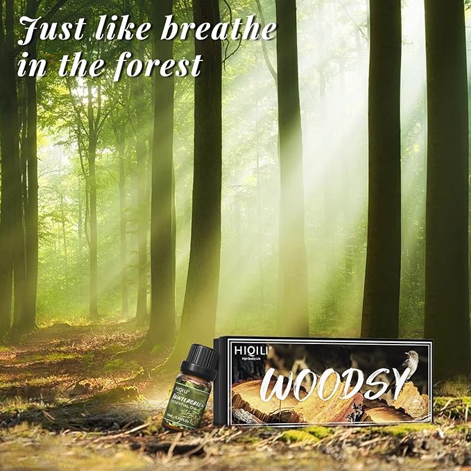 HIQILI Woodsy Fragrance Oil Set for Aromatherapy Diffuser, Ideal for DIY Candles & Perfume Making, Massage Oil - Cedarwood, Wintergreen, Frankincense, Vetiver, Rosewood, Cypress - 6x10ml