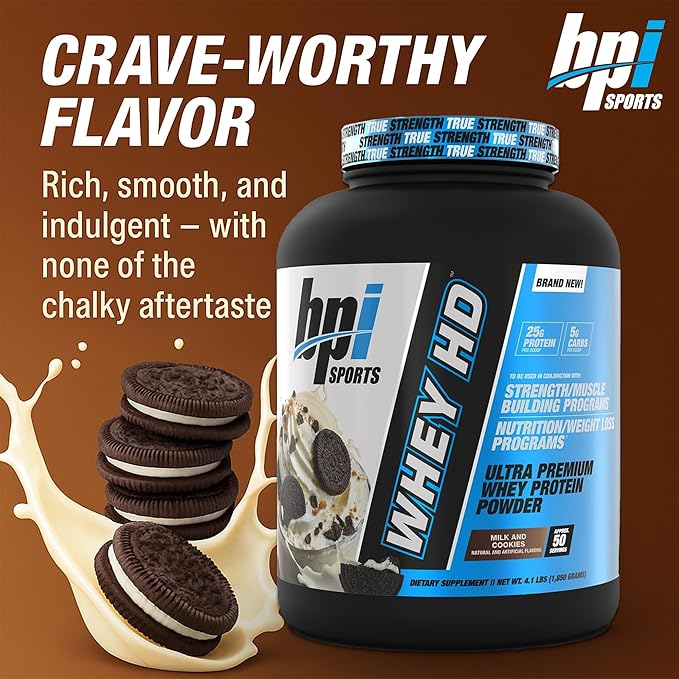 BPI Sports Whey HD Ultra Premium Protein Powder Isolate | Workout Whey Protein Powder for Men & Women for Muscle Gain | Milk Protein Concentrates | Milk and Cookies, 4.07 Pound