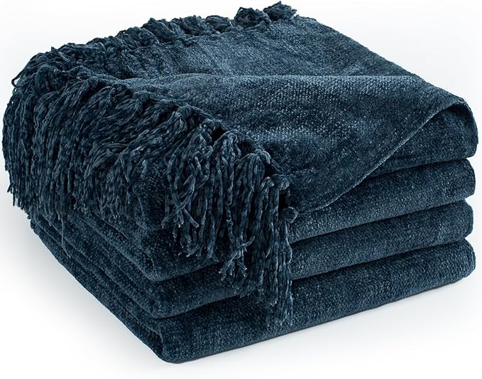Chenille Throw Blanket for Couch 60"X 80" Twin, Soft Cozy Throws with Fringe Tassel for Bed Sofa Chair Cover, Lightweight Knitted Decorative Boho Blankets for Living Room, Navy Blue