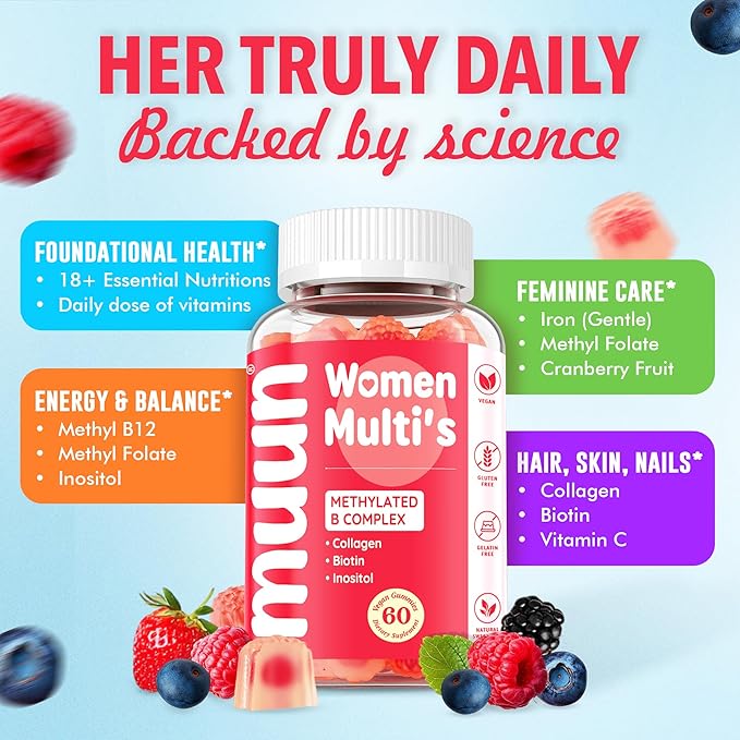 Muun Women's 14+ Multivitamin Gummy 60 Ct, Methylated B-Complex, Beauty & Energy - Sugar Free, Low Iron, Folate, Biotin, Vitamin A, C, D3, E, K, B6, B12
