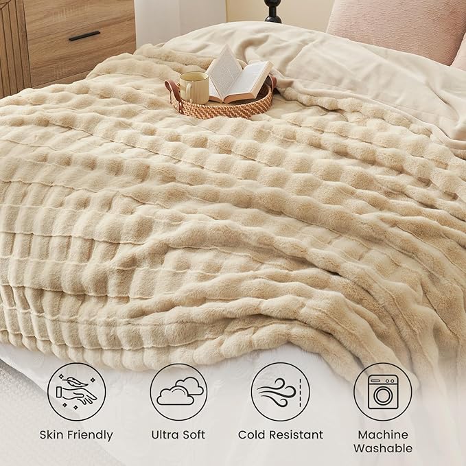 Cozy Bliss Fluffy Faux Fur Blanket Queen Size for Bed, Fuzzy Soft Striped Plush Blanket, Thick Throw for Bedroom Couch Gift, 90x90 Inches Beige