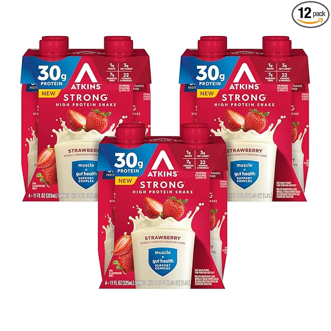 Atkins Strong High Protein Shake, Strawberry, 30g Protein, 7g Prebiotic Fiber, Muscle & Gut Health Support Complex, 12 Count