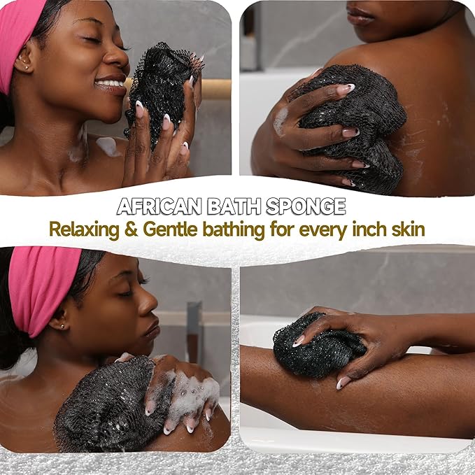 SubSahara Authentic African Net Sponge - 2 Pieces Exfoliating Scrubber for All Skin Types, Bath Sponge for Face & Body, Travel Portable, Durable, Gentle Exfoliation (Black & Grey)