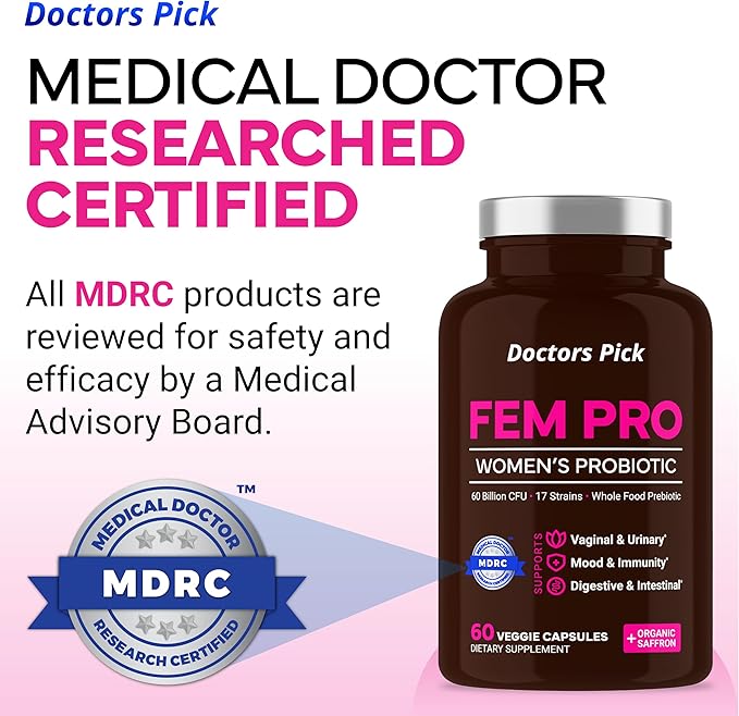 Fem Pro Probiotics for Women. 17 Clinically Effective Strains for Vaginal, Digestive & Immune Support, Urinary Tract Health, pH Balance and Mood. 60 Veggie Capsules, 2 Month Supply