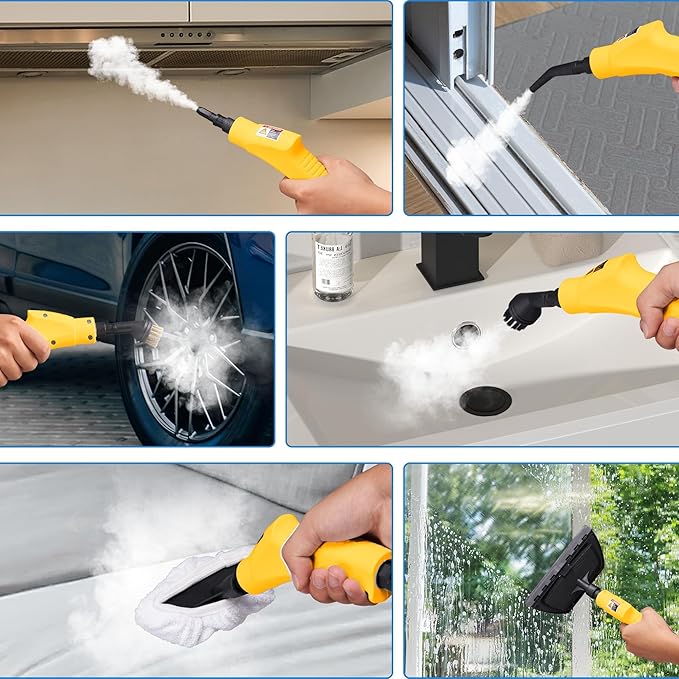 Spurgehom Handheld Steam Cleaner, 15s Heat-Up 1L Tank Portable Steam Cleaner, 2500W High Temperature Multipurpose Steamer for Cleaning, 6 Gears Adjustable Handheld Steamer for Home, Yellow