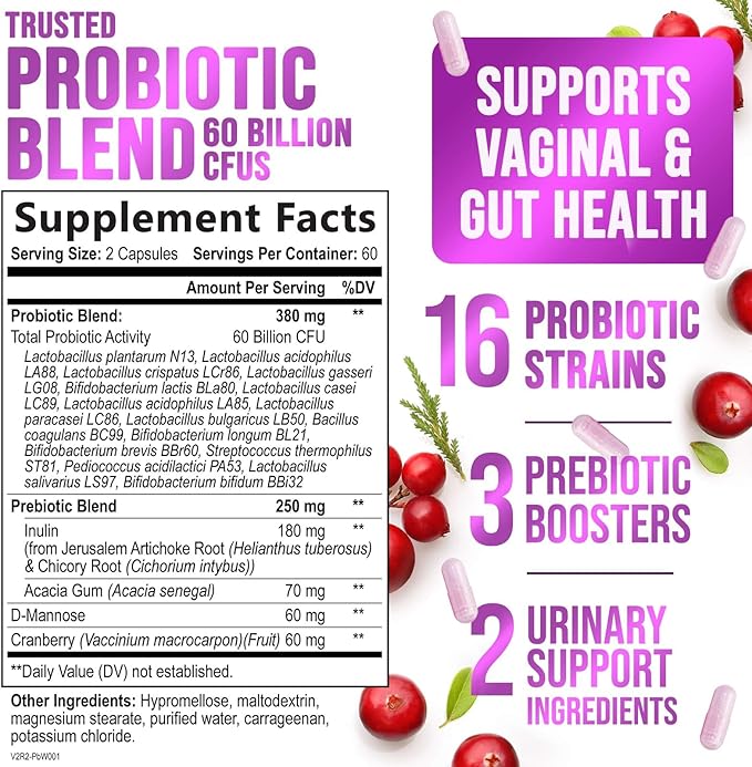 Probiotics for Women 60 Billion CFU - 16 Strains, Prebiotics & Cranberry, PH Balance, Digestive Health, Vaginal & Immune Support, Womens Probiotic for Gut Health, Shelf Stable - 120 Capsules