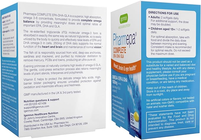 Igennus Pharmepa Complete EPA 668mg & DHA 334mg Omega-3 Fatty Acids 1000mg, IFOS Certified, rTG Form, High Potency Fish Oil Plus Omega-6 & 9 from GLA Evening Primrose Oil, Lemon Flavor, 60 Softgels