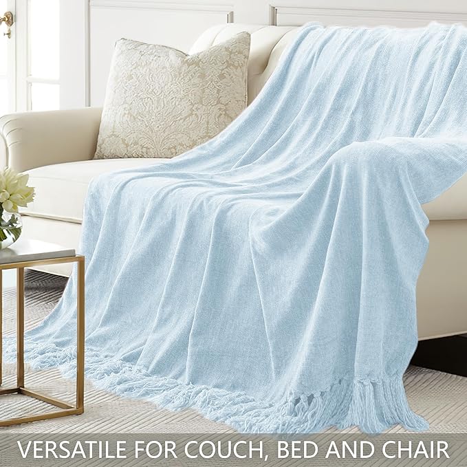 Chenille Throw Blanket for Couch 60"X 80" Twin, Soft Cozy Throws with Fringe Tassel for Bed Sofa Chair Cover, Lightweight Knitted Decorative Boho Blankets for Living Room, Light Blue