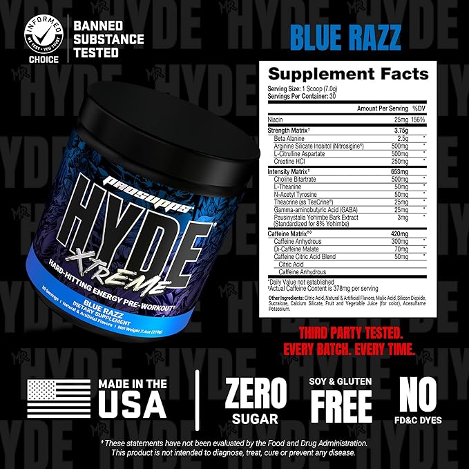PROSUPPS Mr. Hyde Xtreme Pre Workout Powder with Creatine, Beta Alanine & Caffeine – Extreme Energy, Pumps, Focus & Performance - Fitness & Gym Supplements for Men & Women (Blue Razz, 30 Servings)