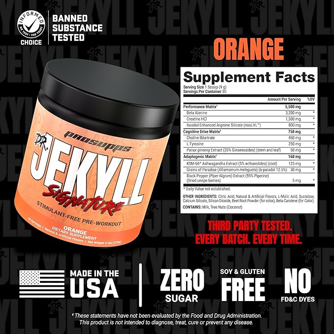 PROSUPPS Dr. Jekyll Signature Pre Workout Powder with Creatine - Stim-Free Preworkout Supports Muscle Volume & Endurance - Caffeine-Free Gym & Fitness Supplements (Orange, 30 Servings)