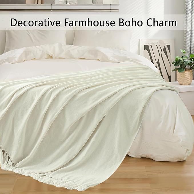 Chenille Throw Blanket for Couch 60"X 80" Twin, Soft Cozy Throws with Fringe Tassel for Bed Sofa Chair Cover, Lightweight Knitted Decorative Boho Blankets for Living Room, Ivory White