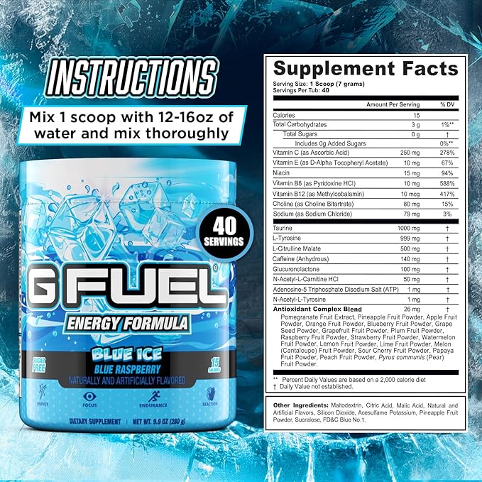 G Fuel Blue Ice Energy Drink Powder, Pre Workout Caffeine Mix for Gaming, Sugar Free Focus Amino, Vitamin + Antioxidants, 9.9oz (Blue Raspberry, 40 Servings)