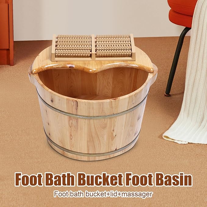 DouSeiAi Wood Foot Tub with Massager, lid and Massage Roller, Solid Wood Handmade Wooden Foot Basin Set for Soaking Feet Spa Foots Care