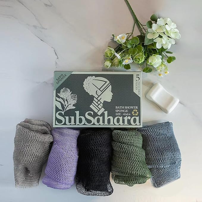 SubSahara African Net Sponge Authentic - 5 Pieces Gentle Exfoliating Scrubber for All Skin Types, Bath Sponge for Face & Body, Travel Portable
