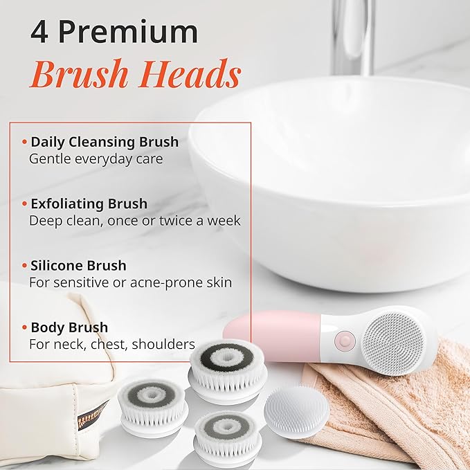 Raedia Daily Facial Cleansing Brush with 4 Interchangeable Brush Heads by Vanity Planet - Handheld, Lightweight for Glowing Skin - Water Resistant Face Exfoliator - Dusty Pink