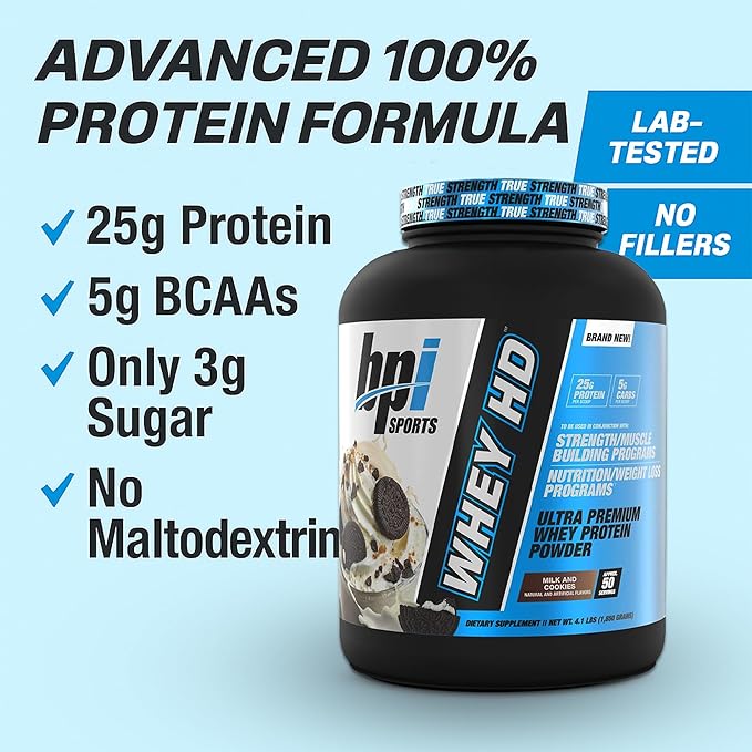 BPI Sports Whey HD Ultra Premium Protein Powder Isolate | Workout Whey Protein Powder for Men & Women for Muscle Gain | Milk Protein Concentrates | Milk and Cookies, 4.07 Pound