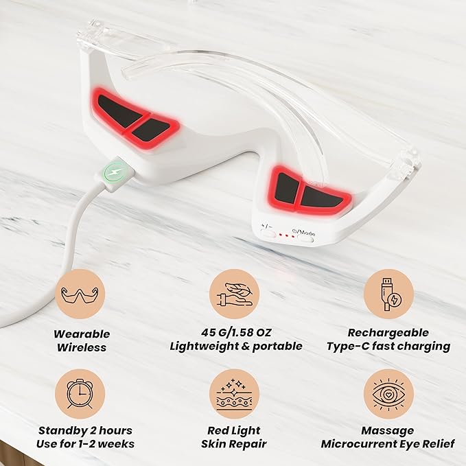 Under Eye Red Light Therapy Device, Red Light Therapy Glasses for Eyes Light-Weight Eye Massager for Reducing Dark Circles and Puffiness, Smoothing Fine Lines