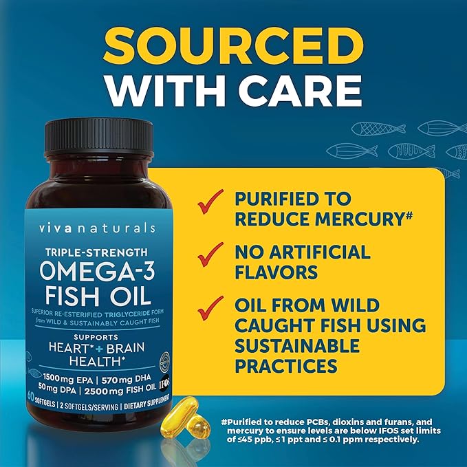Viva Naturals Triple Strength Omega 3 Fish Oil Supplement - 2500 mg Fish Oil with Re-Esterified Omega 3 Fatty Acids Including EPA, DHA DPA - 60 Pescatarian-Friendly Softgels