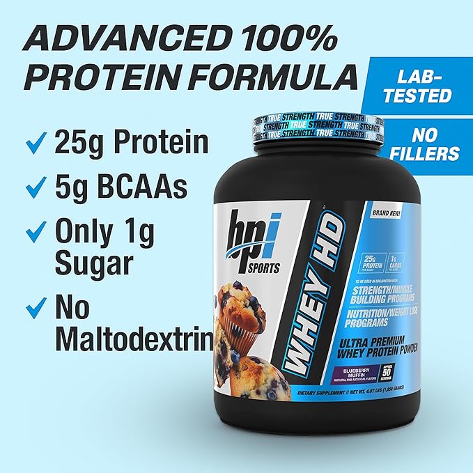 BPI Sports Whey HD Ultra Premium Protein Powder Isolate | Workout Whey Protein Powder for Men & Women for Muscle Gain | Milk Protein Concentrates | Blueberry Muffin, 4.07 Pound