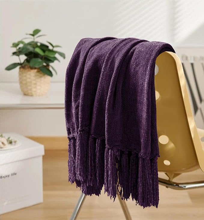Chenille Throw Blanket for Couch 60"X 80" Twin, Soft Cozy Throws with Fringe Tassel for Bed Sofa Chair Cover, Lightweight Knitted Decorative Boho Blankets for Living Room, Dark Purple
