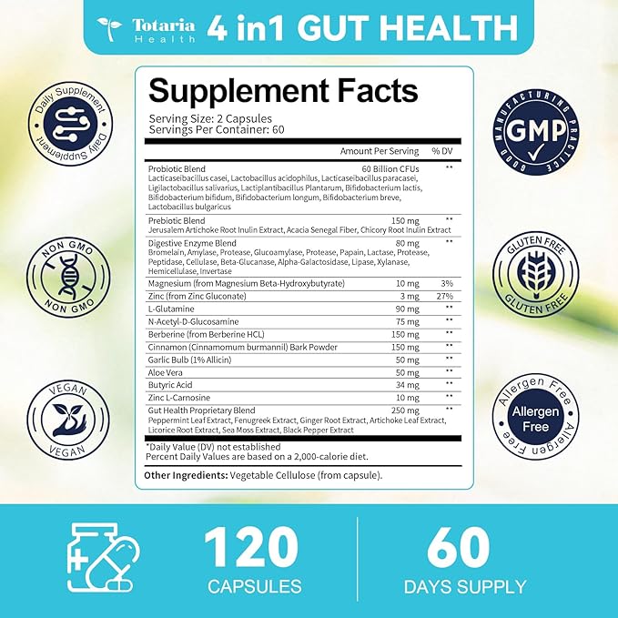 4-in-1 Gut Health Supplement with Probiotics, Prebiotics, Postbiotics & Digestive Enzymes for Women & Men, 60 Billion CFU Probiotics for Gut and Digestion, Strong Immunity, Skin (120 Capsules)