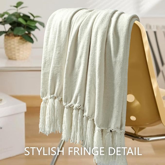 Chenille Throw Blanket for Couch 60"X 80" Twin, Soft Cozy Throws with Fringe Tassel for Bed Sofa Chair Cover, Lightweight Knitted Decorative Boho Blankets for Living Room, Ivory White