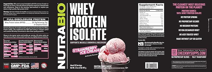 NutraBio 100% Whey Protein Isolate Protein Powder, 25g Protein with Complete Amino Acid Profile, Non-GMO, Soy & Gluten Free, Low Carb, Low Calorie Whey Protein Powder, Strawberry Ice Cream, 2 Lbs