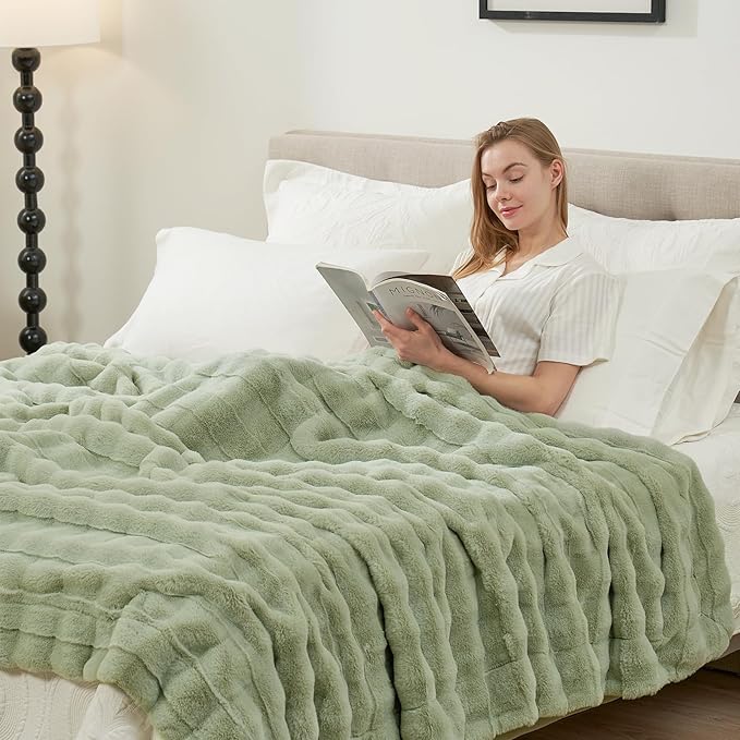 Cozy Bliss Fluffy Faux Fur Blanket Queen Size for Bed, Fuzzy Soft Striped Plush Blanket, Thick Throw for Bedroom Couch Gift, 90x90 Inches Sage Green