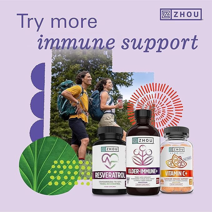 ZHOU Elder-Mune Elderberry Gummies - Black Elderberry, Vitamin C, & Zinc, Daily Immune Support Supplement for Women & Men, Natural Chews for Adults & Children 4 & Up - 60 Gummies (2 Pack)
