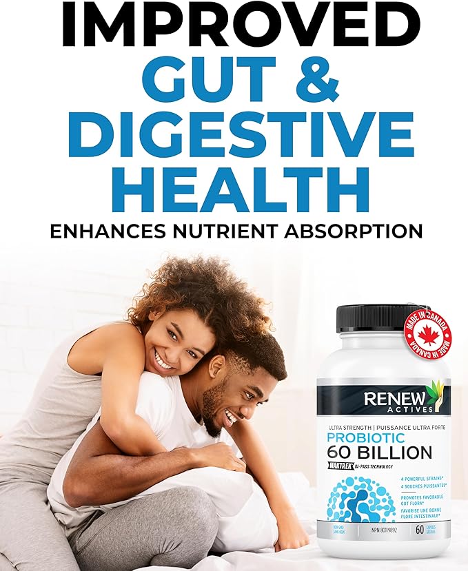 Renew Actives Probiotic Supplement for Digestive Health 60 Billion CFU per 2 Capsules - Advanced Formula with Prebiotic Benefits - Supports Gut Flora Balance & Wellness - Made in Canada - 60 Capsules