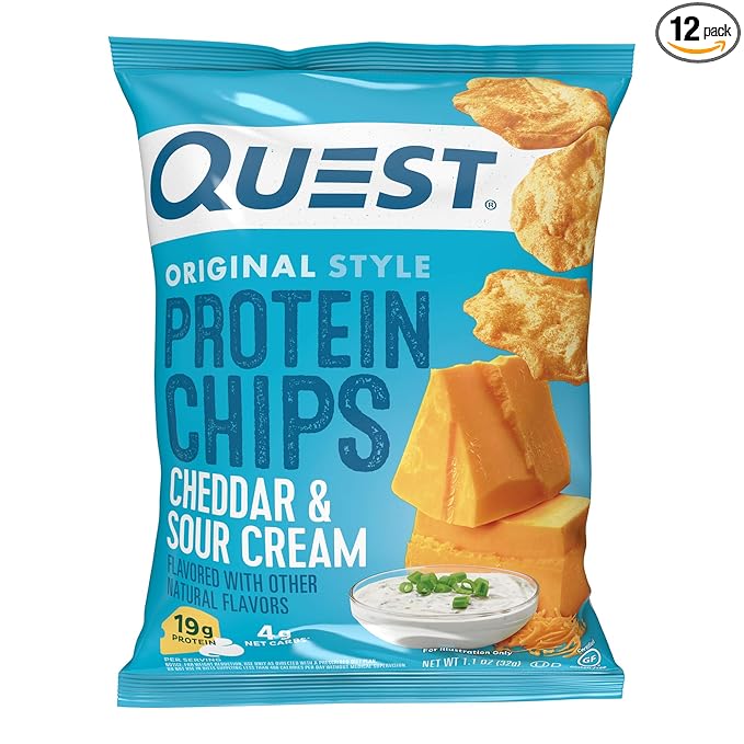Quest Nutrition Cheddar & Sour Cream Protein Chips, 19g Protein, 4g Net Carbs, Low Carb, Gluten Free, 1.1 oz (Pack of 12)