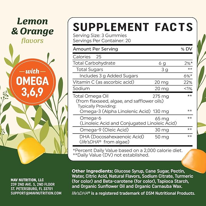 Omega 3 6 9 + DHA Gummies | Plant-Based Triple Omegas from Algae & Chia Seed Oil | with 50mg of DHA | Vegetarian, Non-GMO, Gluten-Free, Essential Fatty Acid Supplements for Adults | 60 Gummies