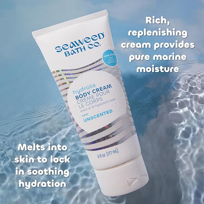 Seaweed Bath Co. Hydrate Body Cream, Unscented, 6 Ounce, Sustainably Harvested Seaweed, Kukui Oil, Hyaluronic Acid, Shea Butter