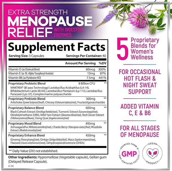 Menopause Supplements for Women - 8 Billion CFU Probiotics, Hot Flash, Night Sweats & Menopause Relief Probiotic for Vaginal, Digestive Health & Immune Support with Black Cohosh - 120 Capsules