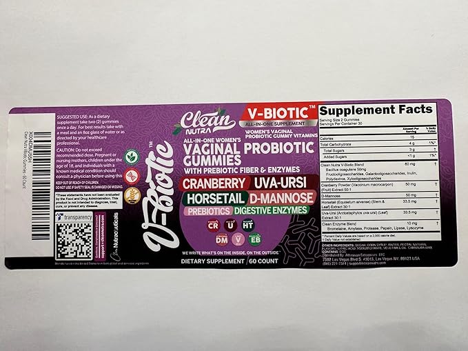 Clean Nutra Vbiotic Gummies, Cranberry, Horsetail, D-Mannose, UVA-Ursi, Probiotic Blend, Enzyme Blend, 60 Count (2)