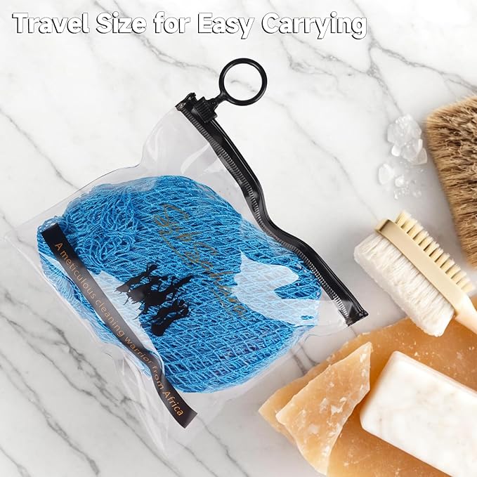 SubSahara Authentic African Net Sponge - 2 Pieces Exfoliating Scrubber for All Skin Types, Bath Sponge for Face & Body, Travel Portable, Durable, Gentle Exfoliation (Linen & Sky Blue)