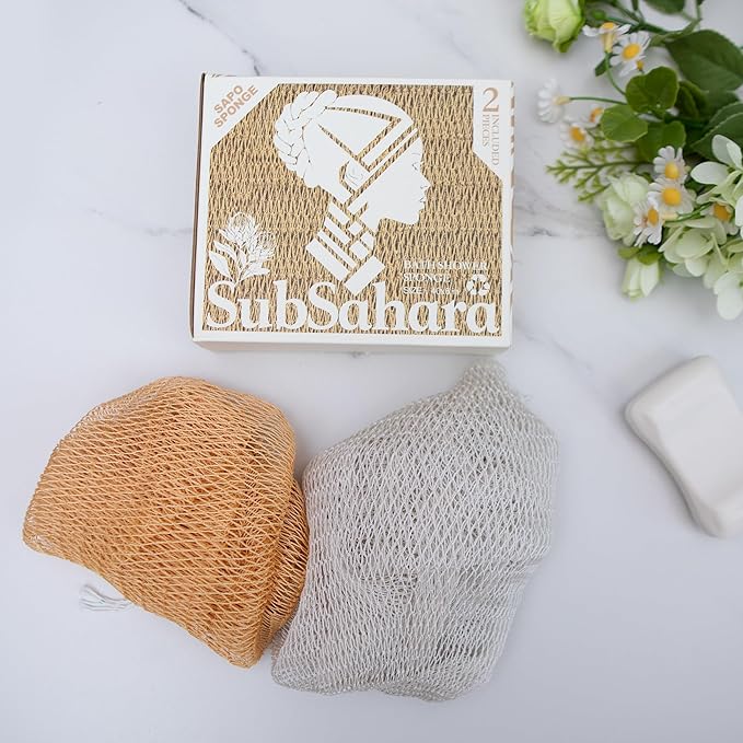 SubSahara Authentic African Net Sponge - 2 Pieces Exfoliating Scrubber for All Skin Types, Bath Sponge for Face & Body, Travel Portable, Durable, Gentle Exfoliation (Golden & Milky White)