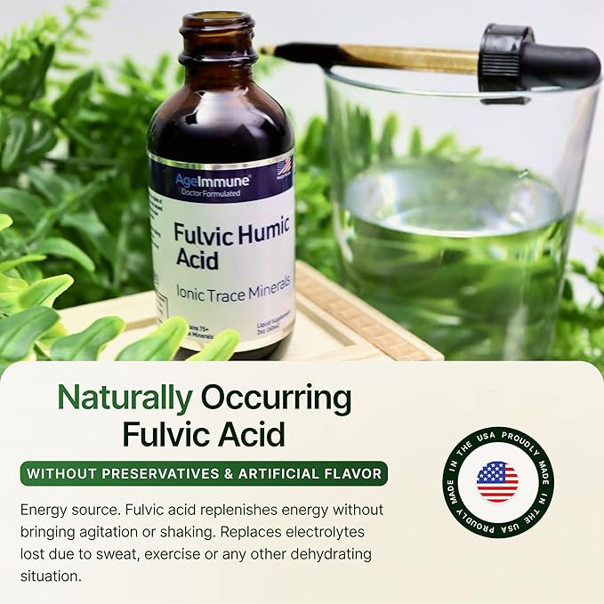 Fulvic Humic Acid Ionic Trace Minerals with Electrolytes Liquid Supplement. Plant Derived Mineral Drops, 75+ Trace Minerals for Energy Boost and Hydration. Up to 8 Months Supply. 2oz.
