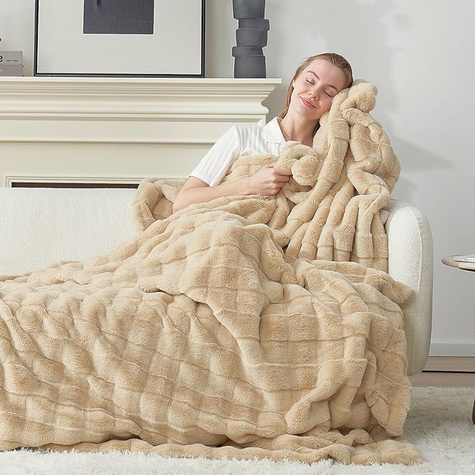 Cozy Bliss Fluffy Faux Fur Throw Blanket for Couch,Lightweight Cozy Soft Beige Throw Blankets for Sofa Bed Living Room,50x60 Inches
