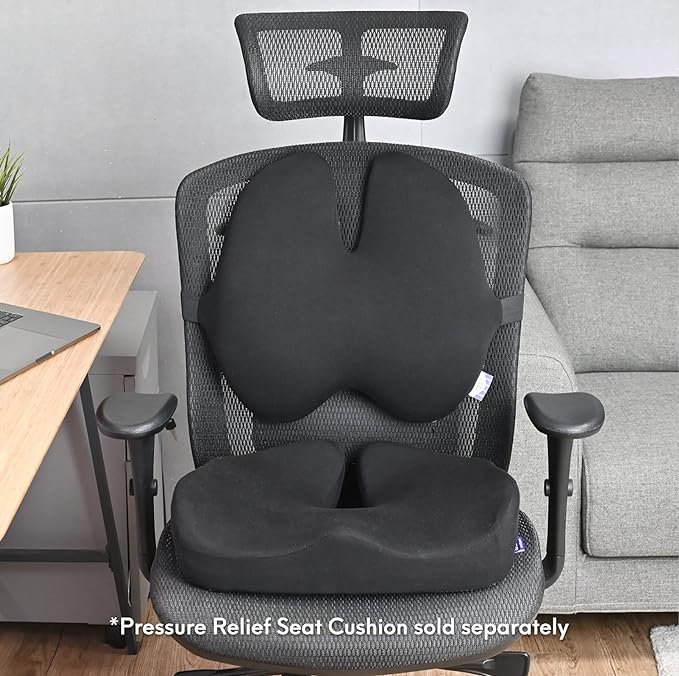 C CUSHION LAB Extra Dense Lumbar Pillow - Patented Ergonomic Multi-Region Firm Back Support for Lower Back Pain Relief - Lumbar Support Cushion with Strap for Office Chair, Car, Sofa, Plane - Black