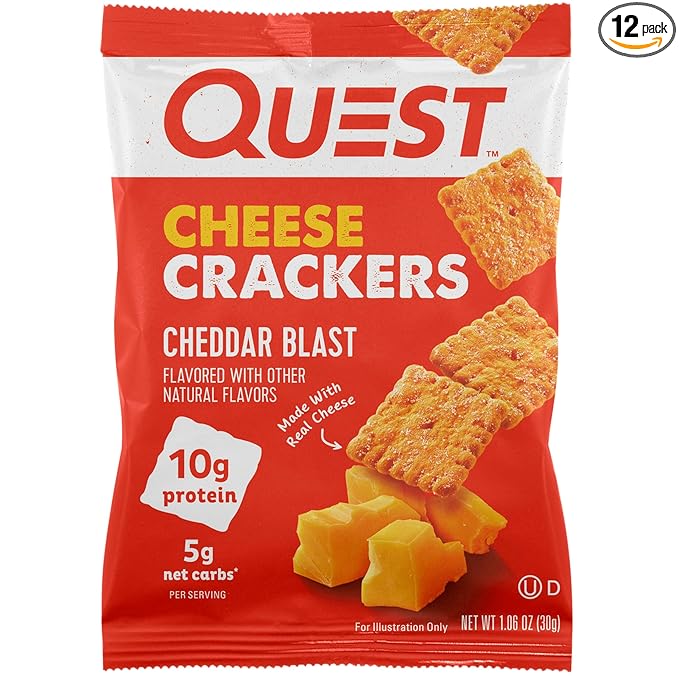 Quest Nutrition Cheese Crackers, Cheddar Blast, 10g Protein, 5g Net Carbs, 1g Sugar, Made with Real Cheese, 12 Packs (1.06 oz bags)