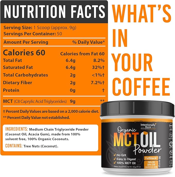 Intentionally Bare Keto MCT Oil Powder - 70% C8 & 30% C10 Medium Chain Triglycerides from Coconut Oil - Ideal for Keto Coffee, Shakes & Smoothies – Clean Energy, Mood, Focus & Metabolism - Unflavored