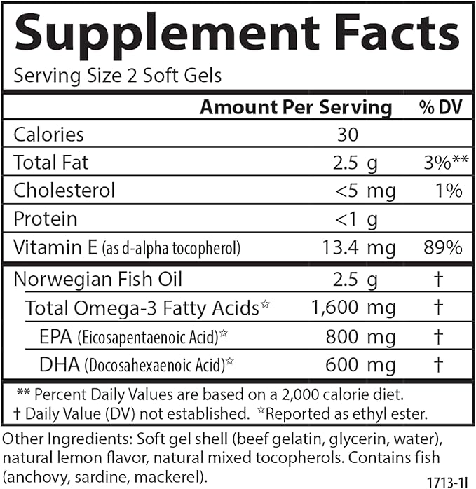 Carlson Elite Omega-3 Gems 1600 mg Omega 3 Fatty Acids Including EPA and DHA, Norwegian, Wild-Caught Fish Oil Supplement, Sustainably Sourced Fish Oil Capsules, Lemon - 60 Softgels