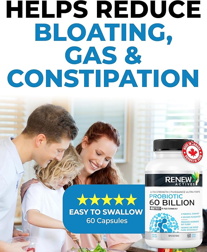 Renew Actives Probiotic Supplement for Digestive Health 60 Billion CFU per 2 Capsules - Advanced Formula with Prebiotic Benefits - Supports Gut Flora Balance & Wellness - Made in Canada - 60 Capsules