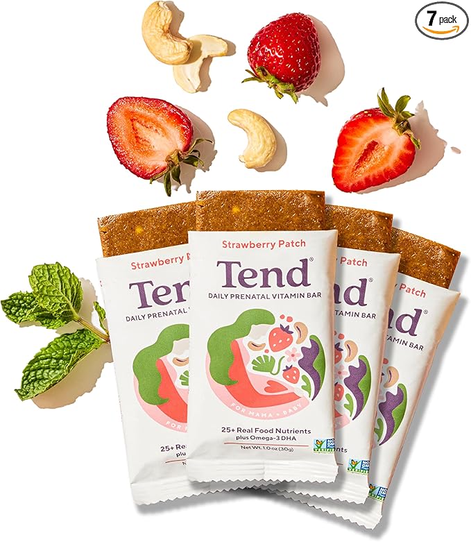 Tend Daily Best Prenatal Vitamin Bar, Made with Organic Ingredients for Pregnant & Postpartum Mothers, Includes DHA, Vitamin D, B, Choline, Folate - Strawberry Patch (4ct)