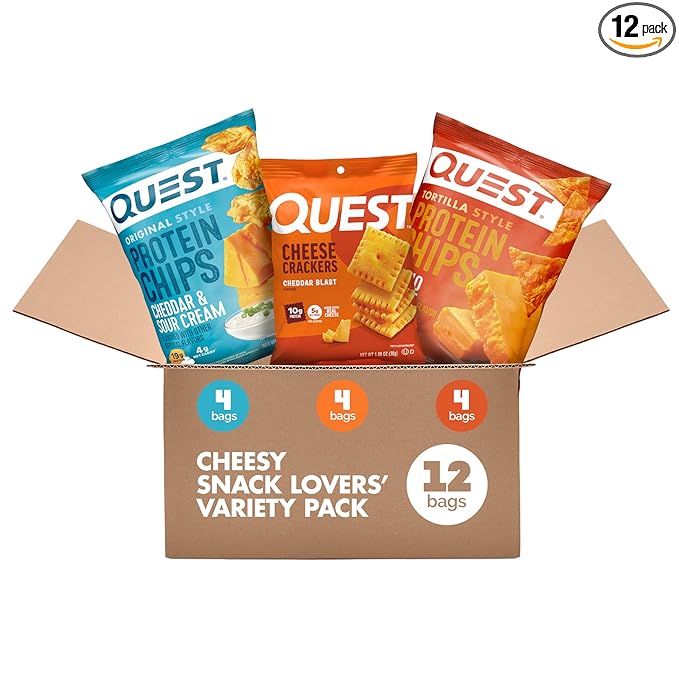 Quest Nutrition Cheese Lovers Variety Pack, Nacho Tortilla Style Protein Chips x4, Cheddar & Sour Cream Chips x4, Cheddar Blast Crackers x4, 12 Count