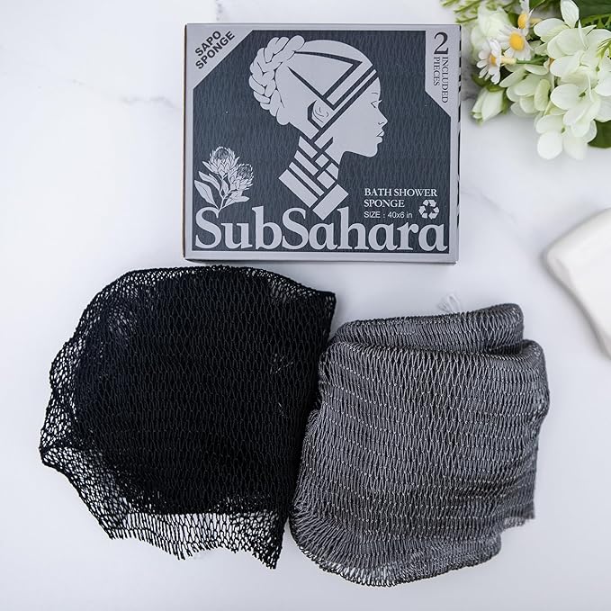 SubSahara Authentic African Net Sponge - 2 Pieces Exfoliating Scrubber for All Skin Types, Bath Sponge for Face & Body, Travel Portable, Durable, Gentle Exfoliation (Black & Grey)