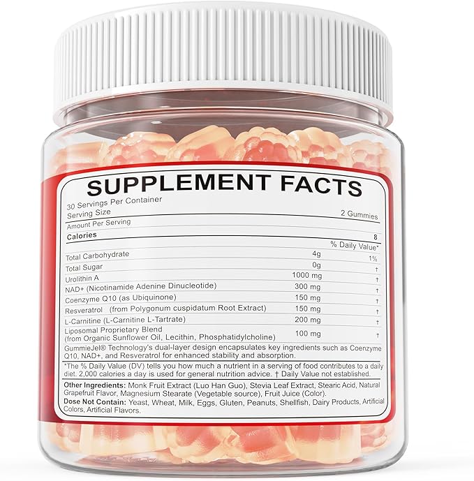 Urolithin A 1000mg Gummies with NAD+, CoQ10, Resveratrol & L-Carnitine – Liposomal Urolithin A+ Supplement for Mitochondrial & Cellular Energy, Muscle & Healthy Aging – High Absorption – Vegan, 60ct
